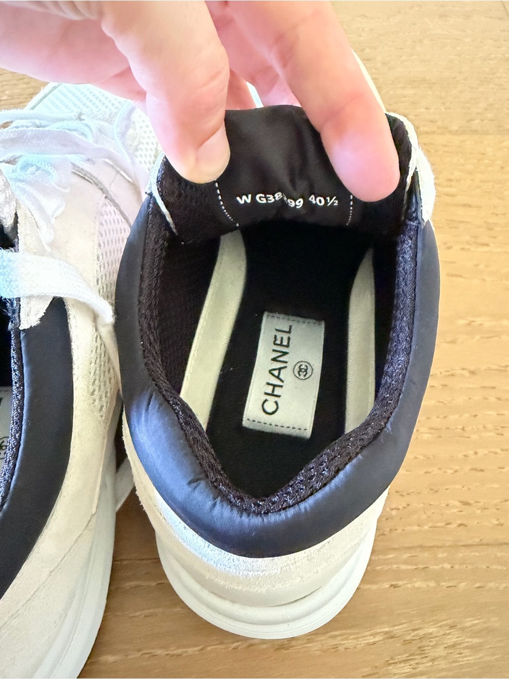CHANEL White and Black CC Logo Mesh & Leather Sneakers - Picture 8 of 11